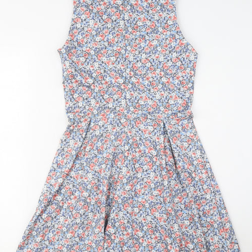 Pull&Bear Womens Blue Floral Polyester Fit & Flare Size L V-Neck Zip