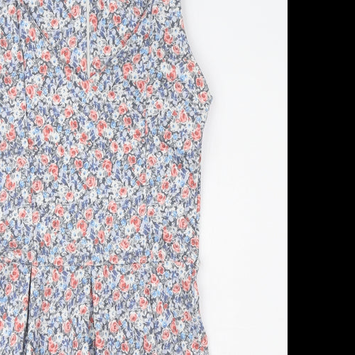 Pull&Bear Womens Blue Floral Polyester Fit & Flare Size L V-Neck Zip