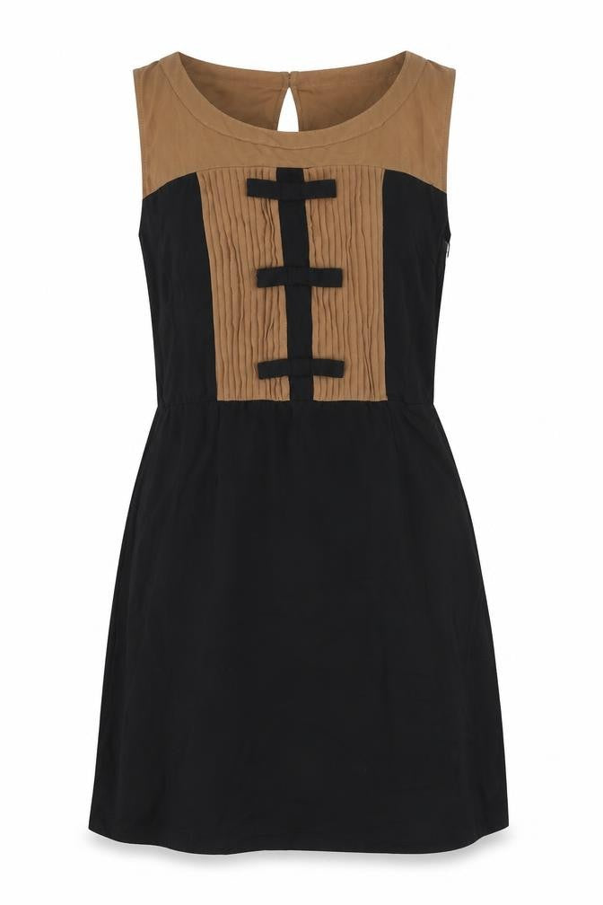 Front view of Grace & Mila women’s black polyester a-line, size S, round neck zip - bow detail