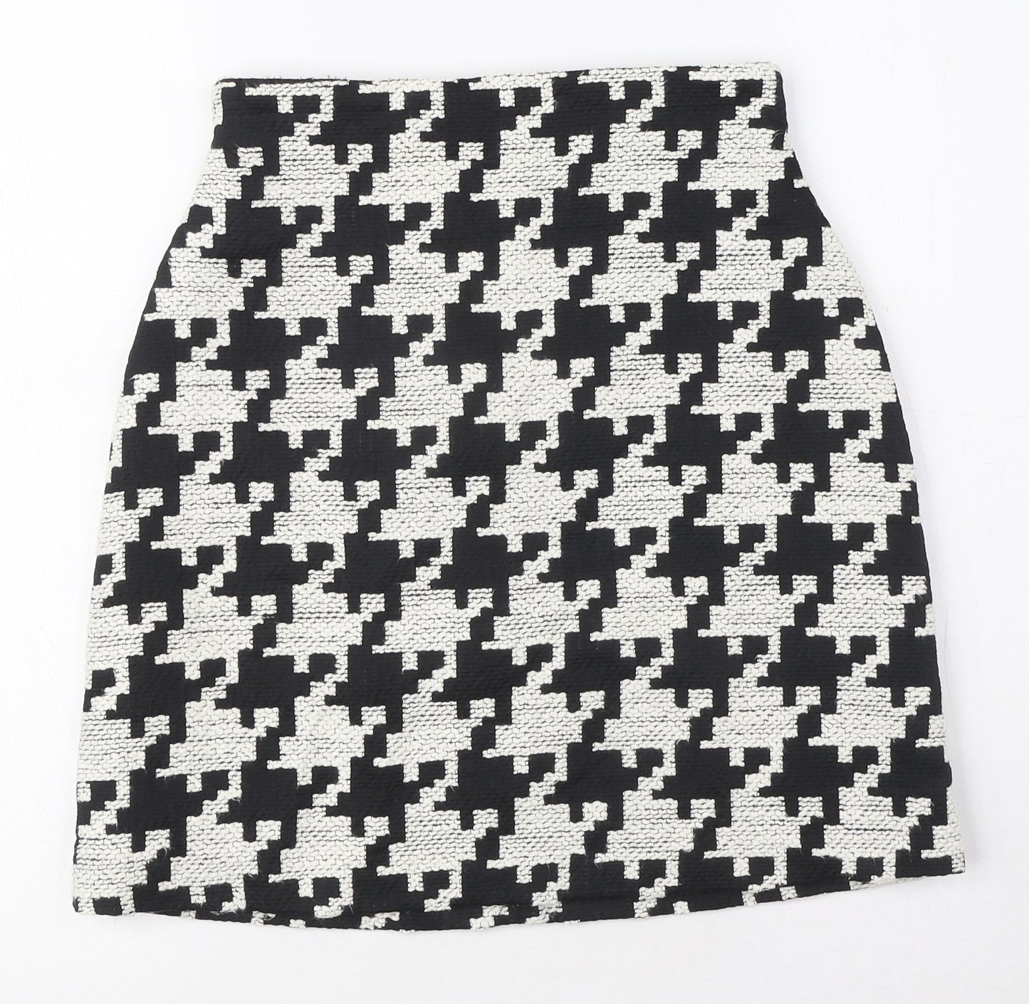 H&M Womens Black Geometric Cotton A-Line Skirt Size 6 Zip - Houndstooth