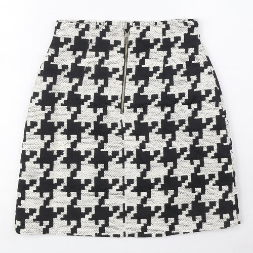 H&M Womens Black Geometric Cotton A-Line Skirt Size 6 Zip - Houndstooth