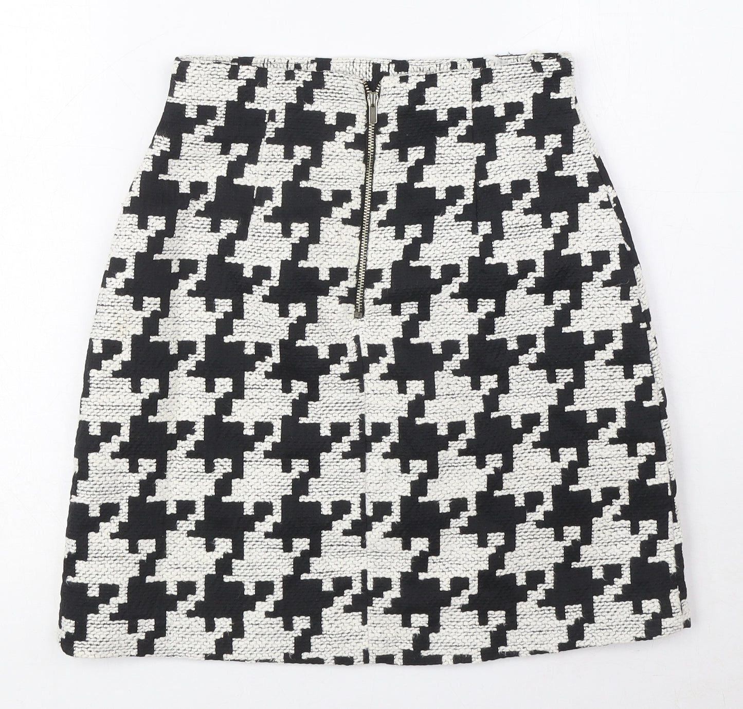 H&M Womens Black Geometric Cotton A-Line Skirt Size 6 Zip - Houndstooth