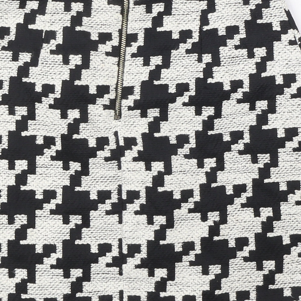 H&M Womens Black Geometric Cotton A-Line Skirt Size 6 Zip - Houndstooth
