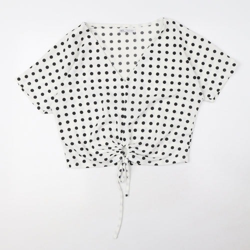 Zara Womens White Polka Dot Polyester Basic Blouse Size S V-Neck
