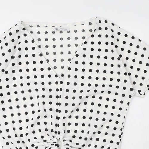 Zara Womens White Polka Dot Polyester Basic Blouse Size S V-Neck