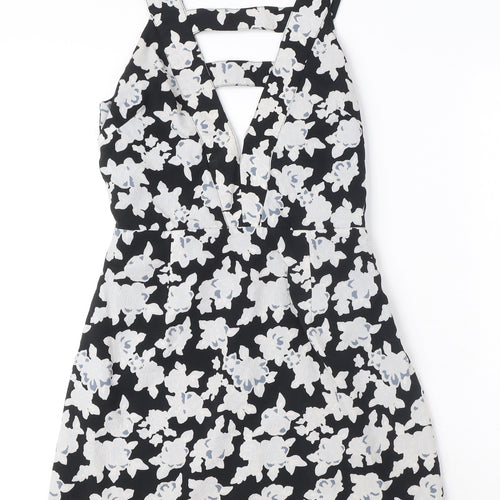 Missguided Womens Black Floral Polyester A-Line Size 8 V-Neck Zip - Cut Out Detail