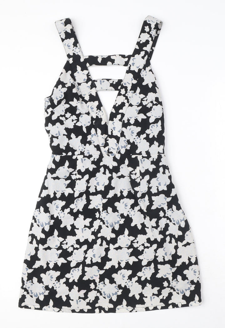 Missguided Womens Black Floral Polyester A-Line Size 8 V-Neck Zip - Cut Out Detail