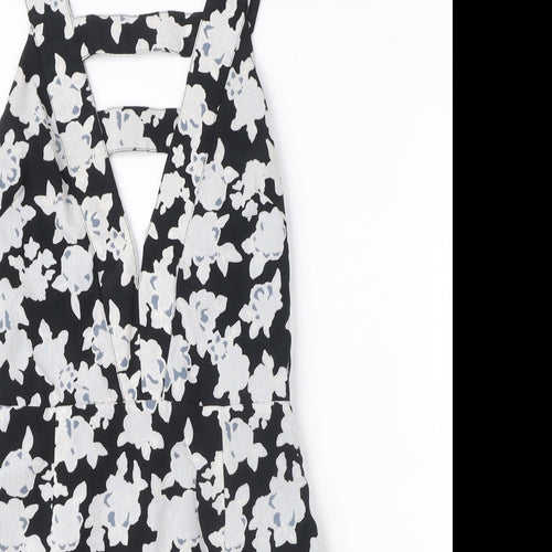 Missguided Womens Black Floral Polyester A-Line Size 8 V-Neck Zip - Cut Out Detail