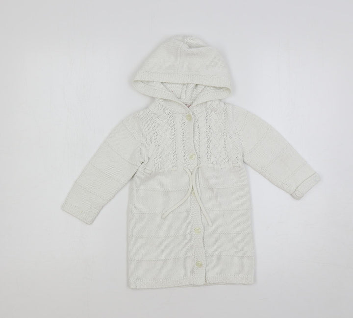 Janie and Jack Girls White Round Neck Cotton Cardigan Jumper Size 2 Years Button - Hooded