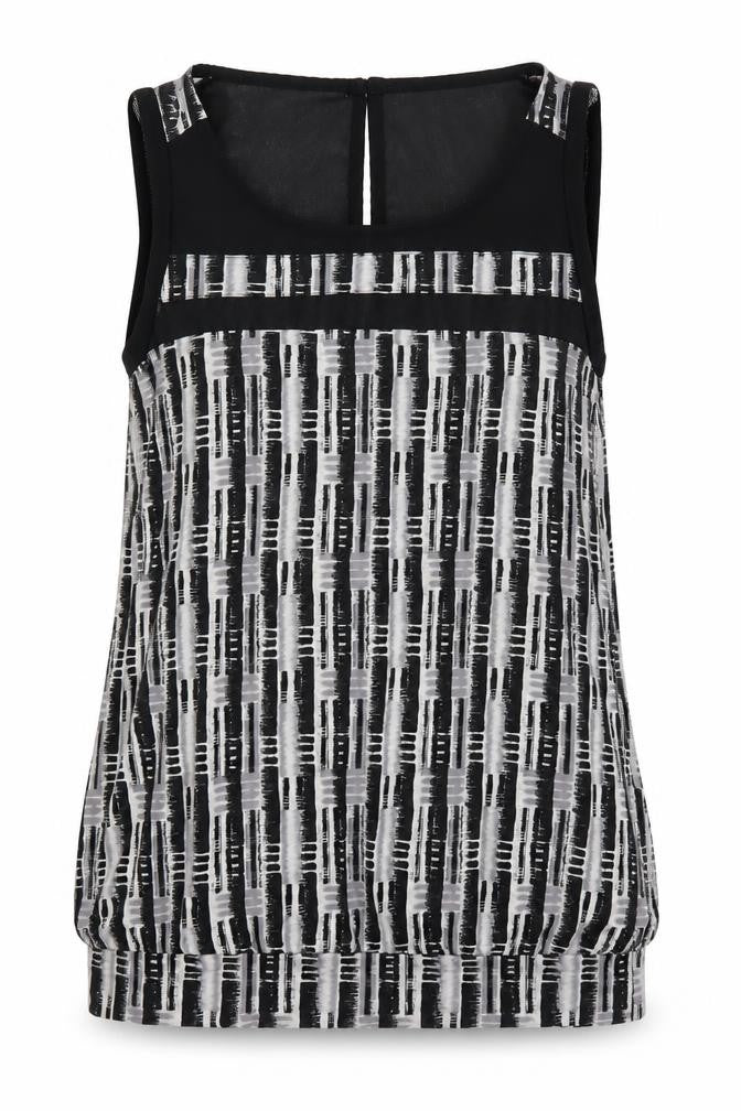 Front view of Next women’s black geometric viscose basic tank, size UK 8, boat neck