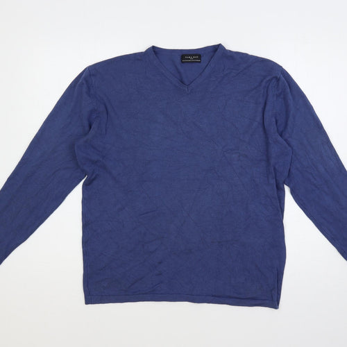 Zara Mens Blue V-Neck Acrylic Pullover Jumper Size XL Long Sleeve