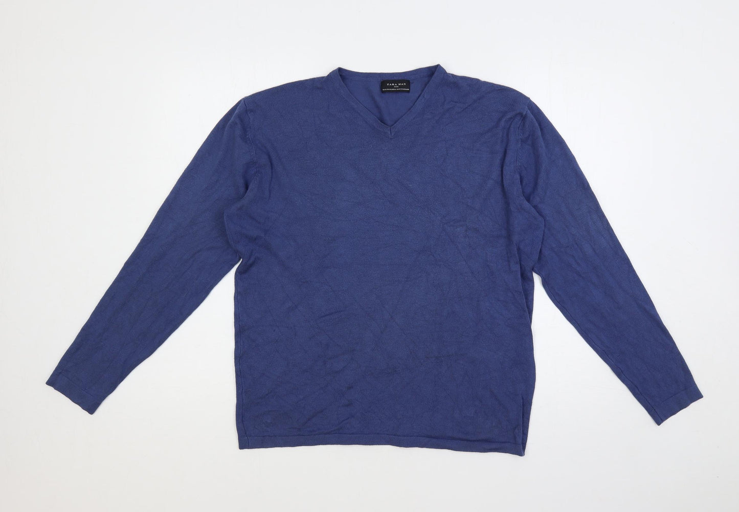 Zara Mens Blue V-Neck Acrylic Pullover Jumper Size XL Long Sleeve