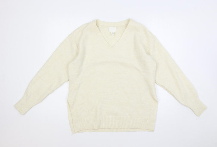 H&M Womens Ivory V-Neck Polyester Pullover Jumper Size XS