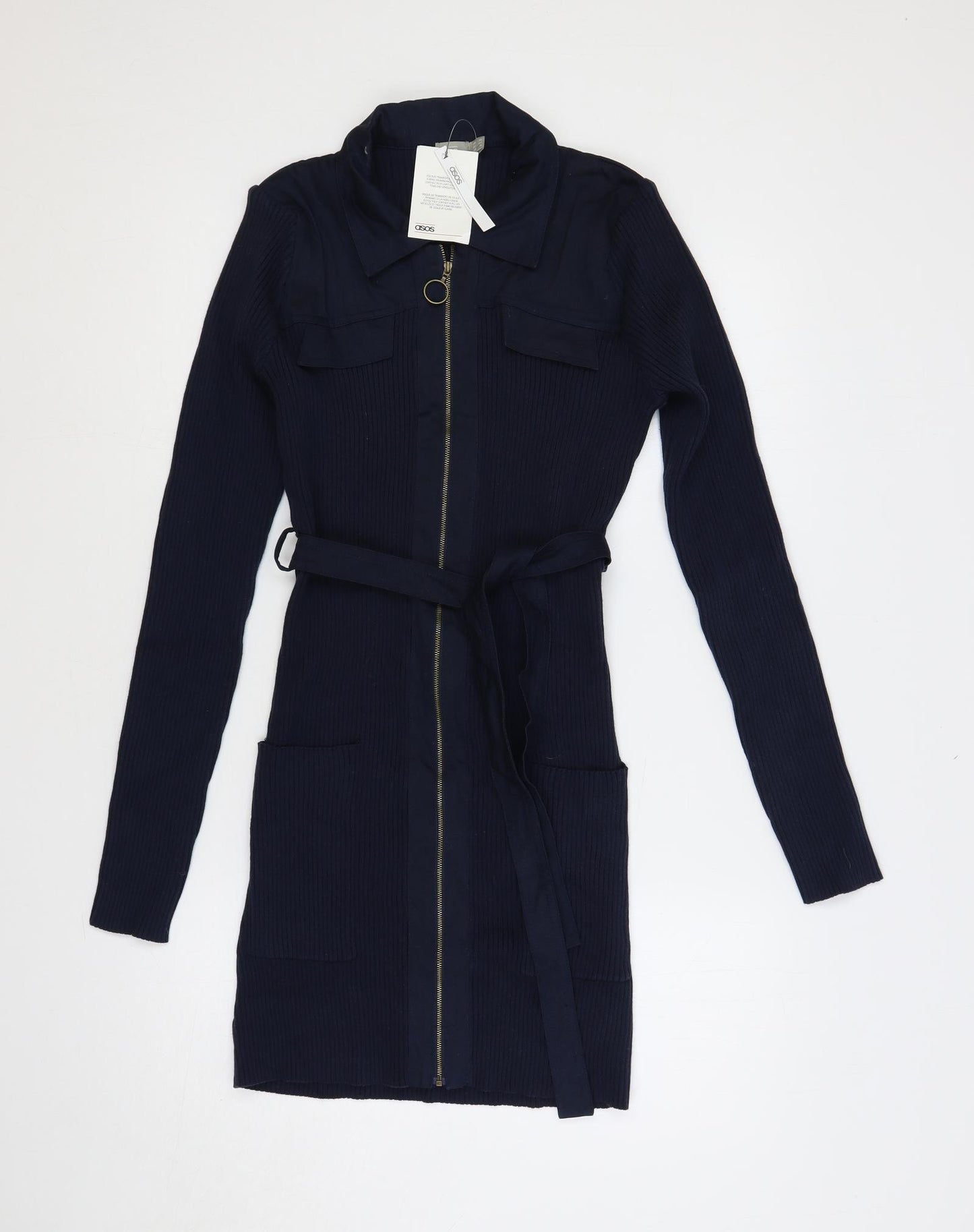 ASOS Womens Blue Cotton Jumper Dress Size 12 Collared Zip - Belted