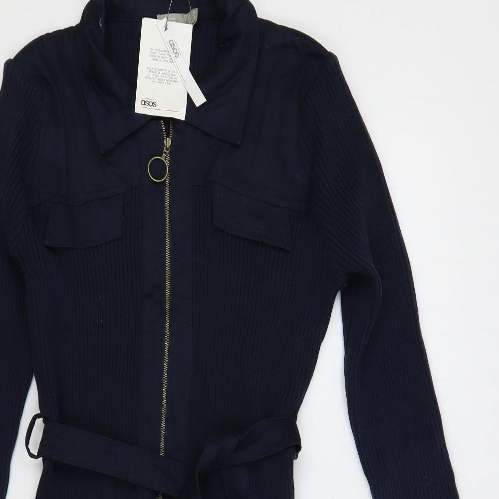 ASOS Womens Blue Cotton Jumper Dress Size 12 Collared Zip - Belted