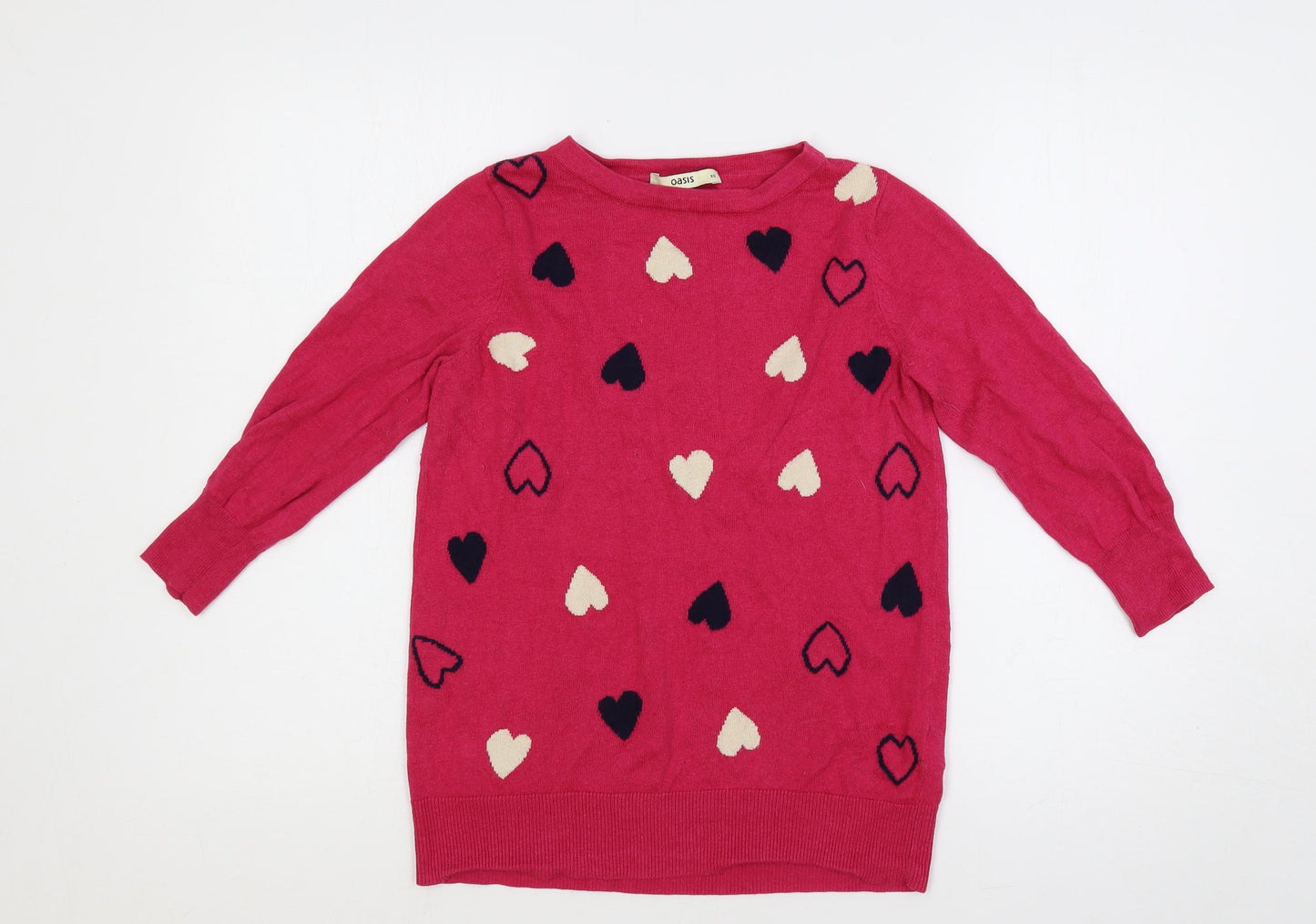 Oasis Womens Pink Round Neck Geometric Cotton Pullover Jumper Size XS - Hearts
