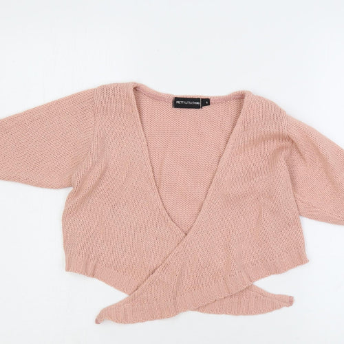 PRETTYLITTLETHING Womens Pink V-Neck Acrylic Shrug Jumper Size S - Tie Front