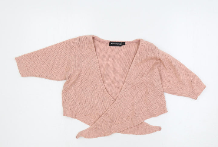 PRETTYLITTLETHING Womens Pink V-Neck Acrylic Shrug Jumper Size S - Tie Front