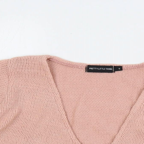 PRETTYLITTLETHING Womens Pink V-Neck Acrylic Shrug Jumper Size S - Tie Front