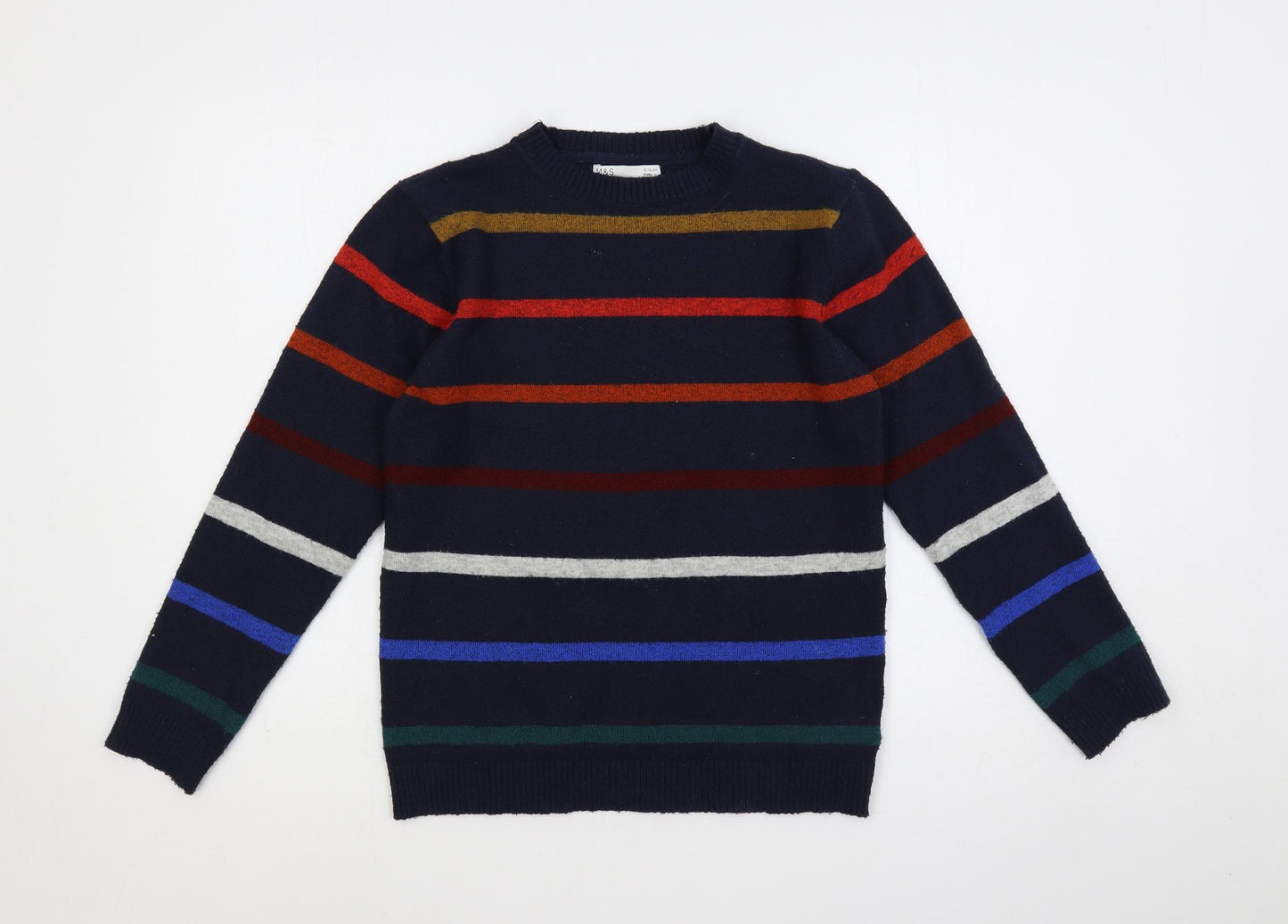 Marks and Spencer Boys Blue Crew Neck Striped Acrylic Pullover Jumper Size 12-13 Years Pullover