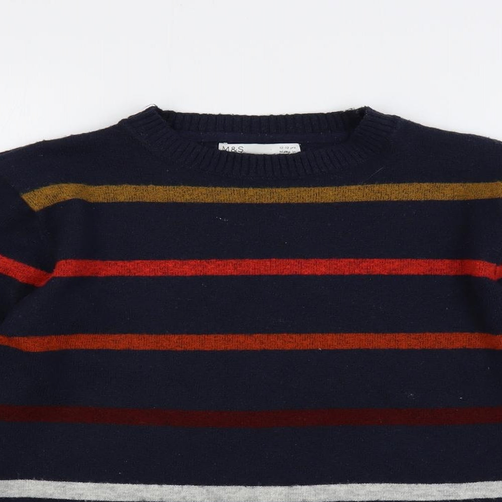 Marks and Spencer Boys Blue Crew Neck Striped Acrylic Pullover Jumper Size 12-13 Years Pullover