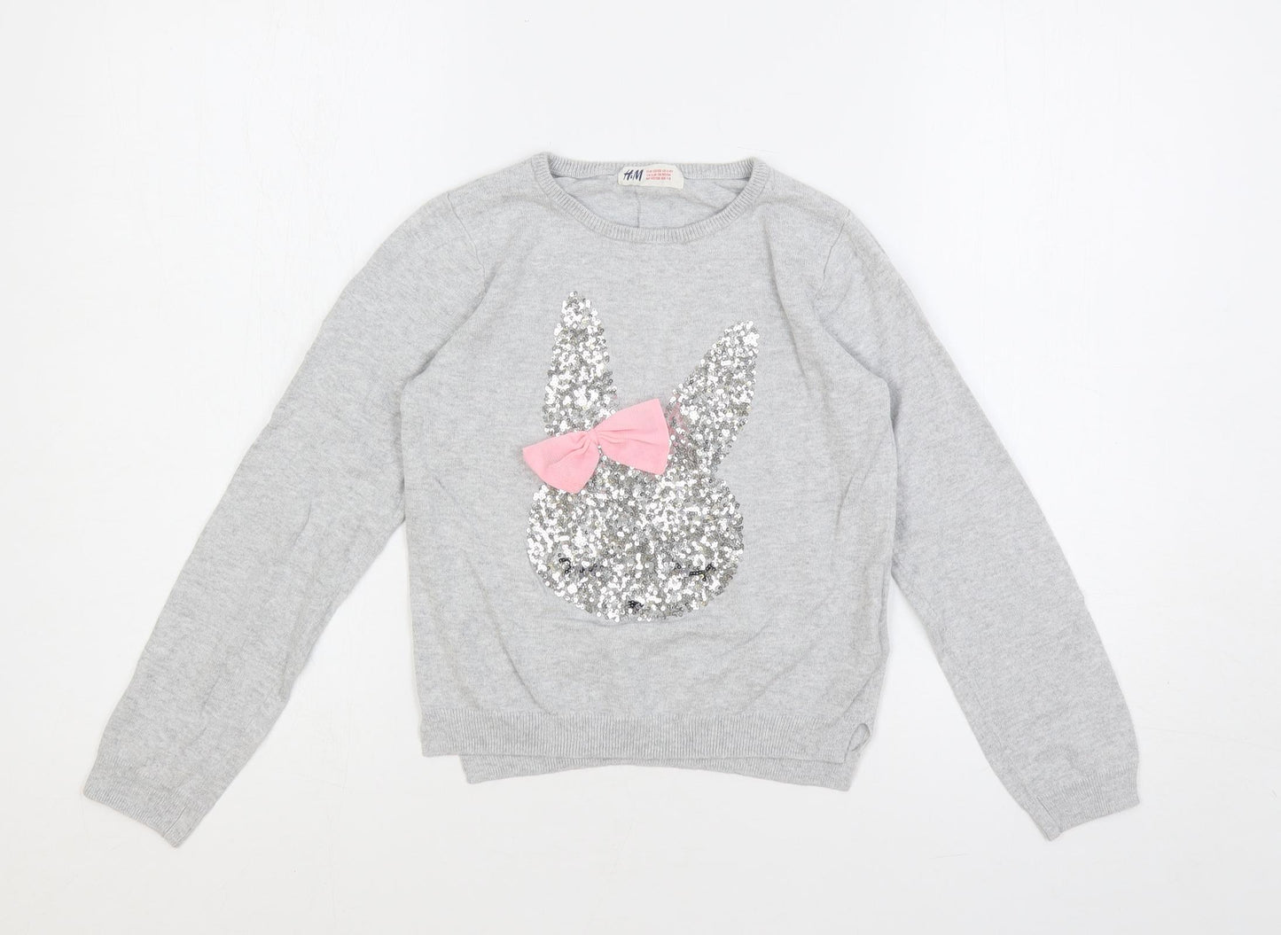 H&M Girls Grey Crew Neck Cotton Pullover Jumper Size 6-7 Years Pullover - Bunny Sequin