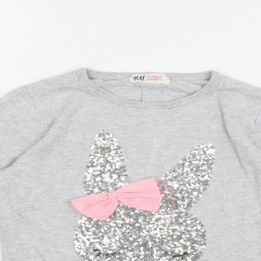 H&M Girls Grey Crew Neck Cotton Pullover Jumper Size 6-7 Years Pullover - Bunny Sequin