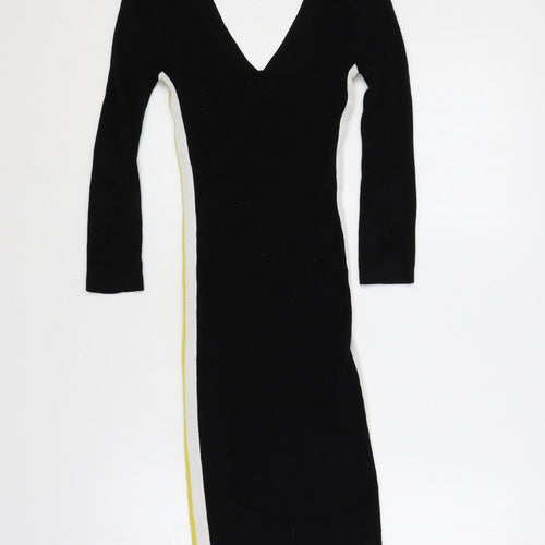 Miss Selfridge Womens Black Viscose Jumper Dress Size 6 V-Neck Pullover - Ribbed Side Stripe