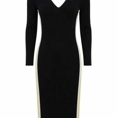 Miss Selfridge Womens Black Viscose Jumper Dress Size 6 V-Neck Pullover - Ribbed Side Stripe