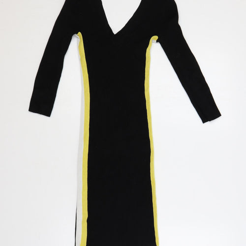Miss Selfridge Womens Black Viscose Jumper Dress Size 6 V-Neck Pullover - Ribbed Side Stripe