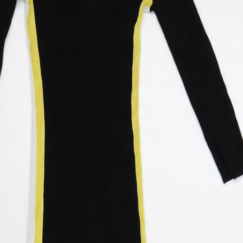 Miss Selfridge Womens Black Viscose Jumper Dress Size 6 V-Neck Pullover - Ribbed Side Stripe