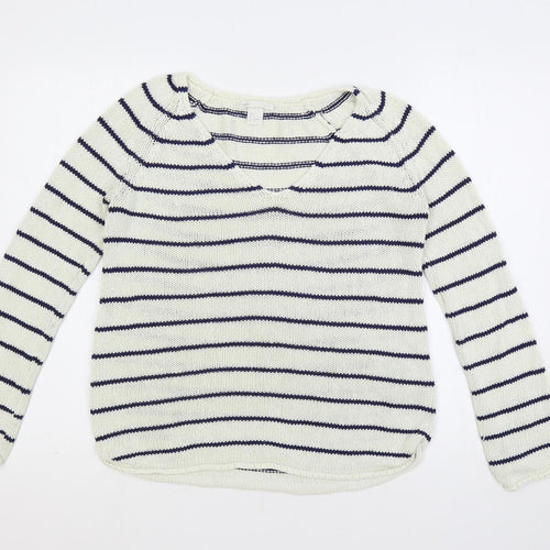 H&M Womens White V-Neck Striped Acrylic Pullover Jumper Size S