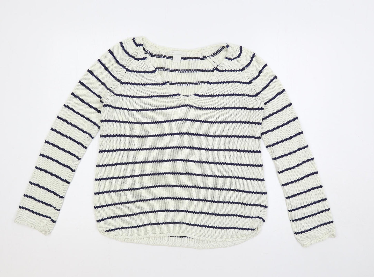 H&M Womens White V-Neck Striped Acrylic Pullover Jumper Size S