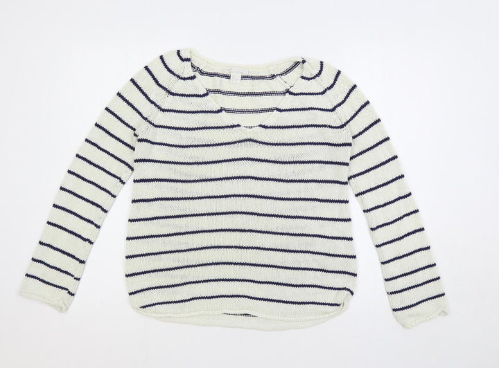 H&M Womens White V-Neck Striped Acrylic Pullover Jumper Size S