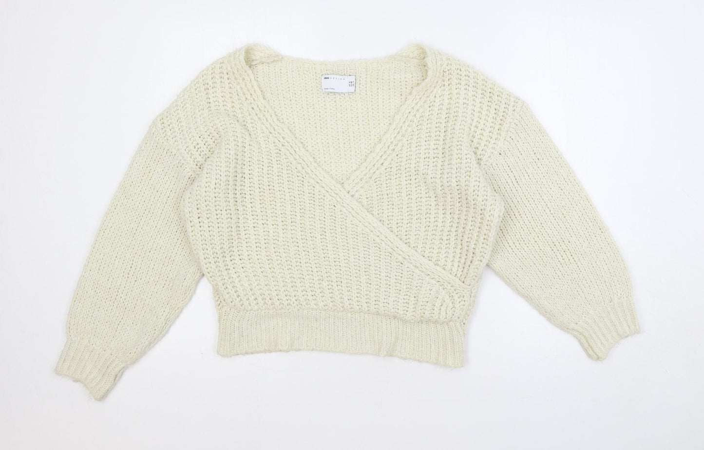 ASOS Womens Ivory V-Neck Acrylic Pullover Jumper Size 10 - Wrap Front Detail