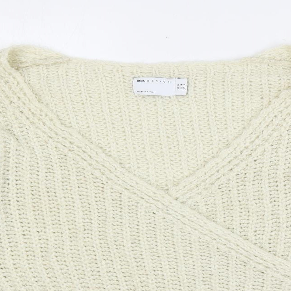 ASOS Womens Ivory V-Neck Acrylic Pullover Jumper Size 10 - Wrap Front Detail