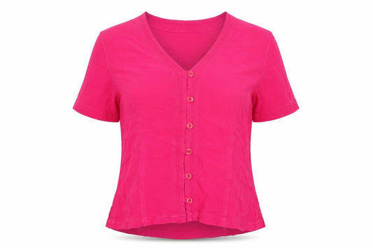 Front view of East women’s pink viscose basic button-up, size UK 16, v-neck