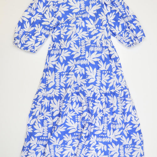 Marks and Spencer Womens Blue Geometric Cotton A-Line Size 10 Round Neck Tie