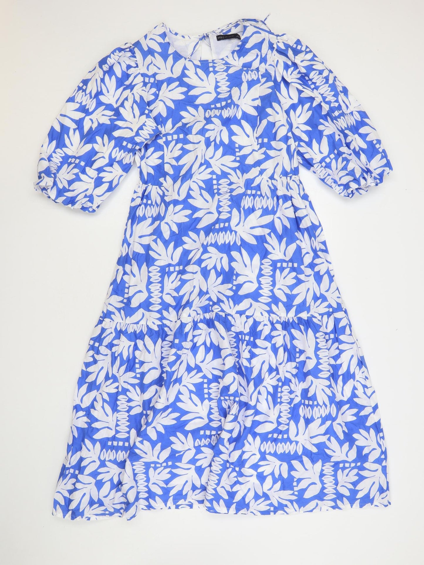 Marks and Spencer Womens Blue Geometric Cotton A-Line Size 10 Round Neck Tie