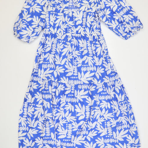 Marks and Spencer Womens Blue Geometric Cotton A-Line Size 10 Round Neck Tie