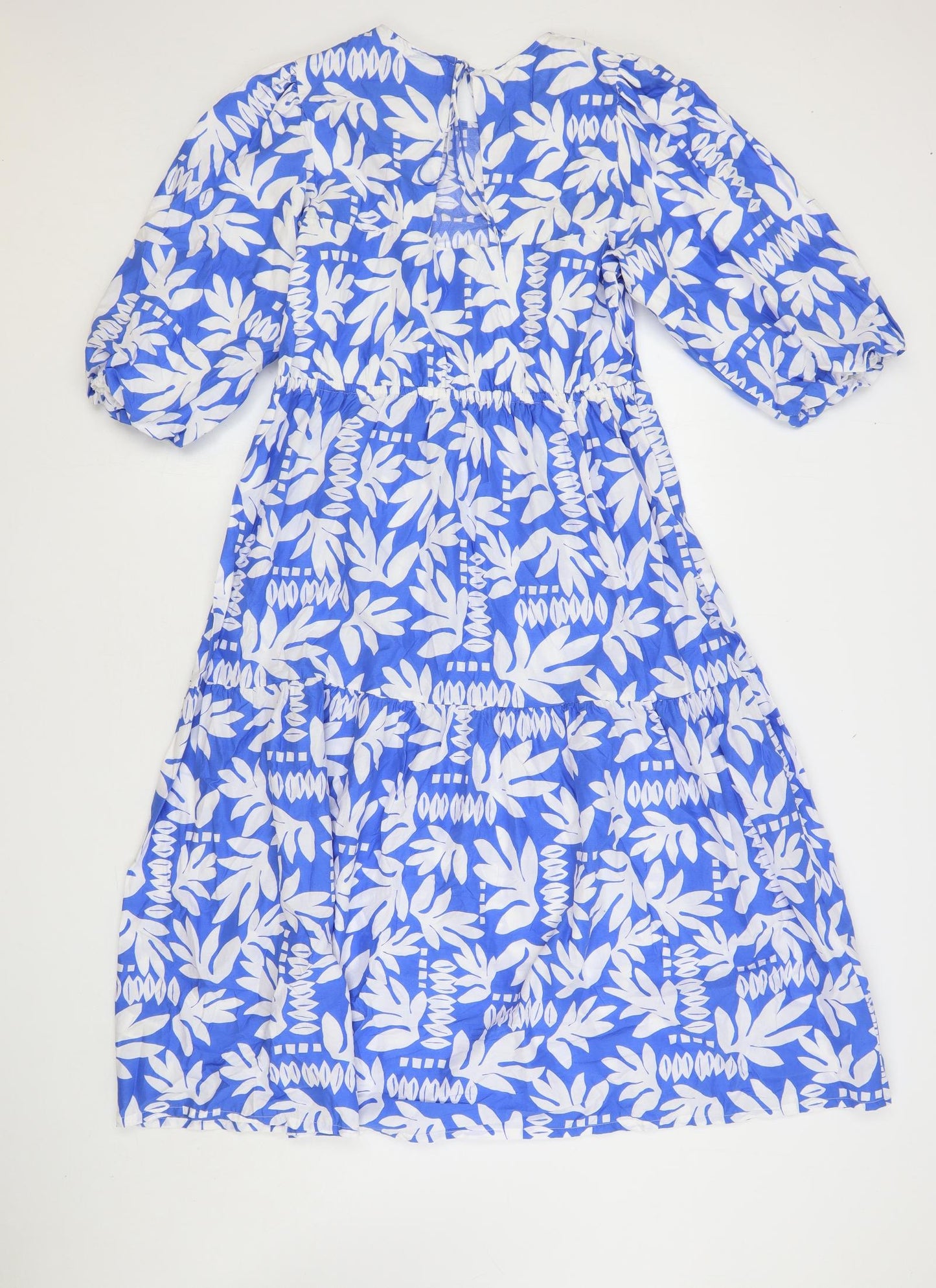 Marks and Spencer Womens Blue Geometric Cotton A-Line Size 10 Round Neck Tie