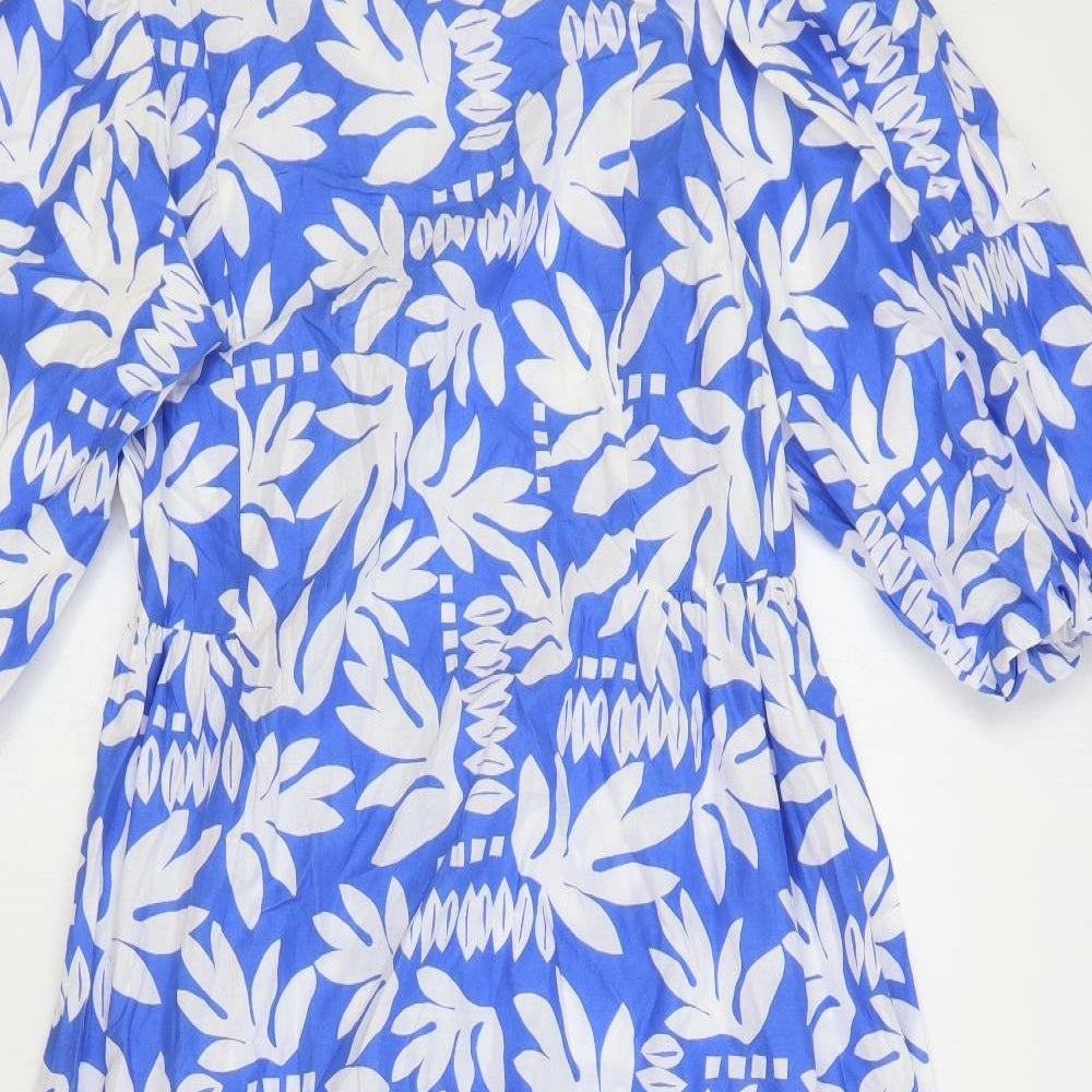 Marks and Spencer Womens Blue Geometric Cotton A-Line Size 10 Round Neck Tie