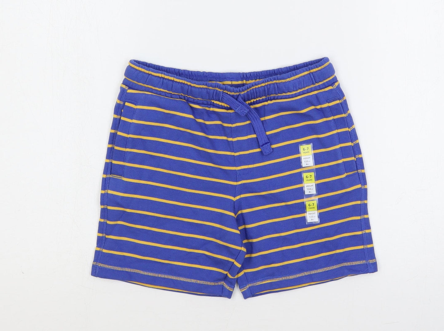 Marks and Spencer Boys Blue Striped Cotton Sweat Shorts Size 6-7 Years Regular Drawstring - Adjustable Waist