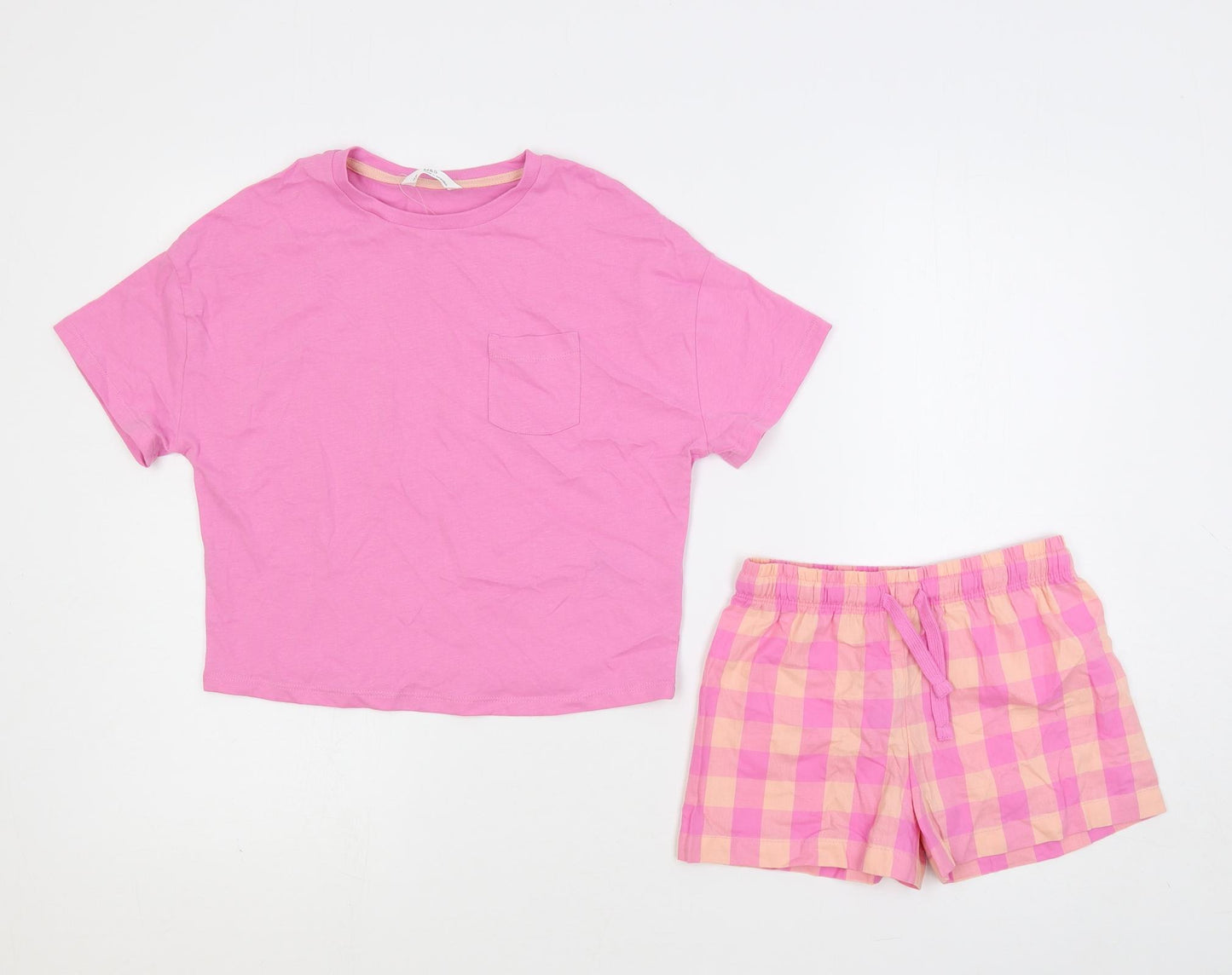 Marks and Spencer Girls Pink Check Cotton Top Pyjama Set Size 7-8 Years Pullover