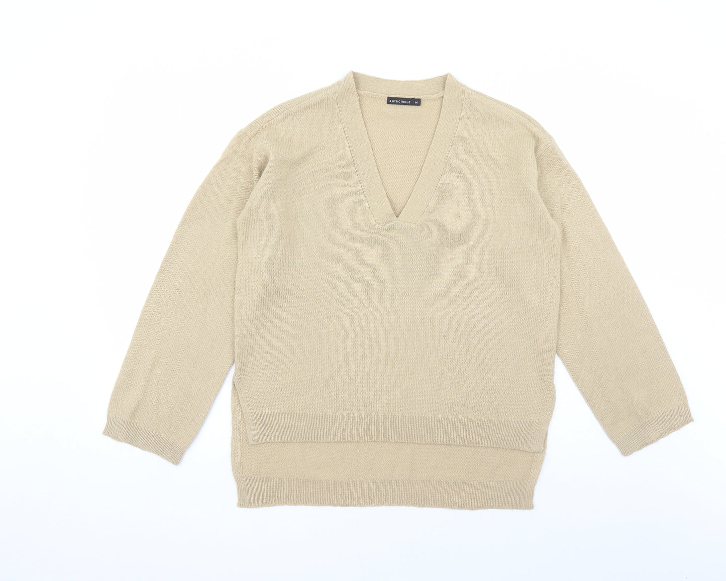 Rut&Circle Womens Brown V-Neck Acrylic Pullover Jumper Size M