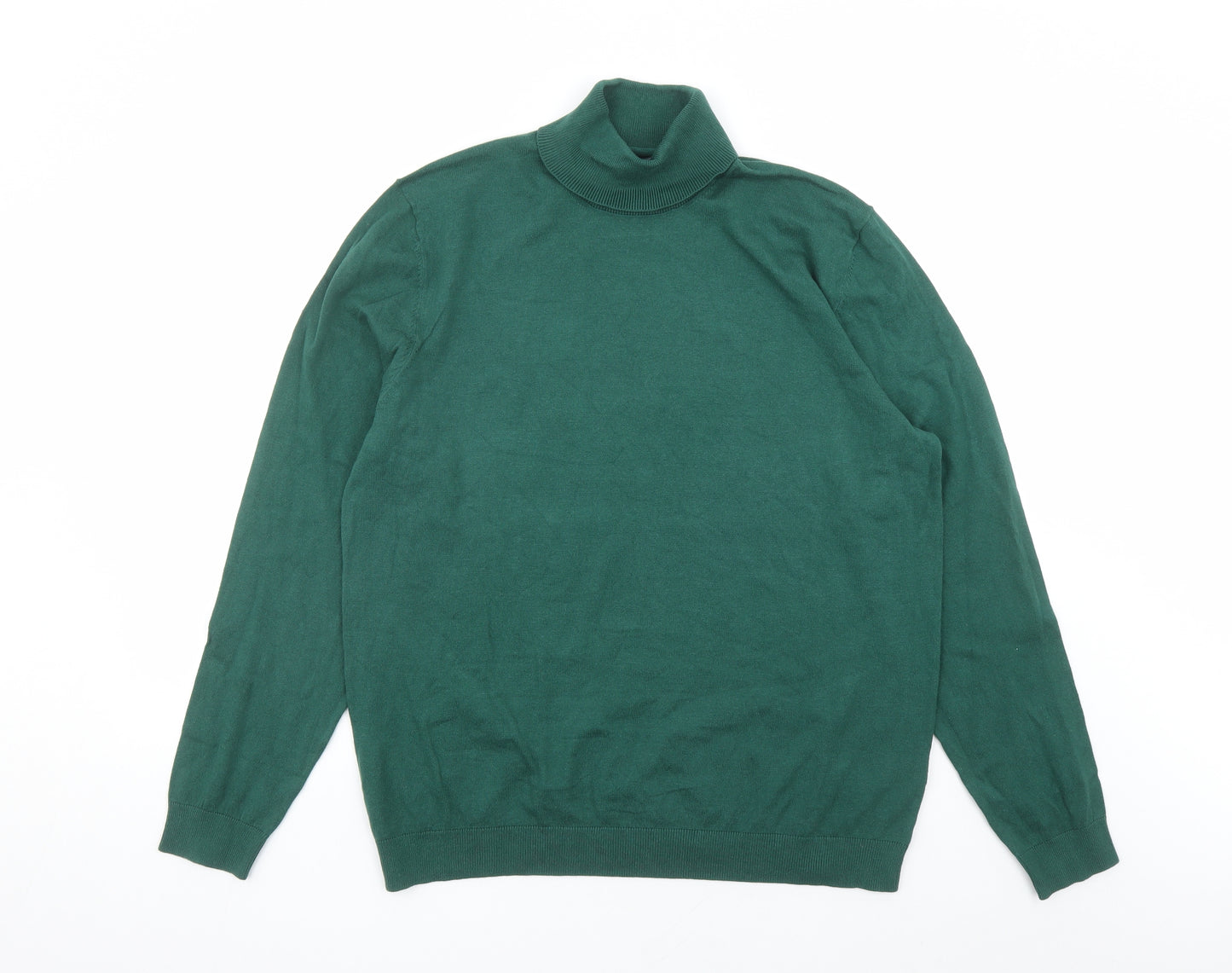 Marks and Spencer Mens Green Roll Neck Cotton Pullover Jumper Size L Long Sleeve