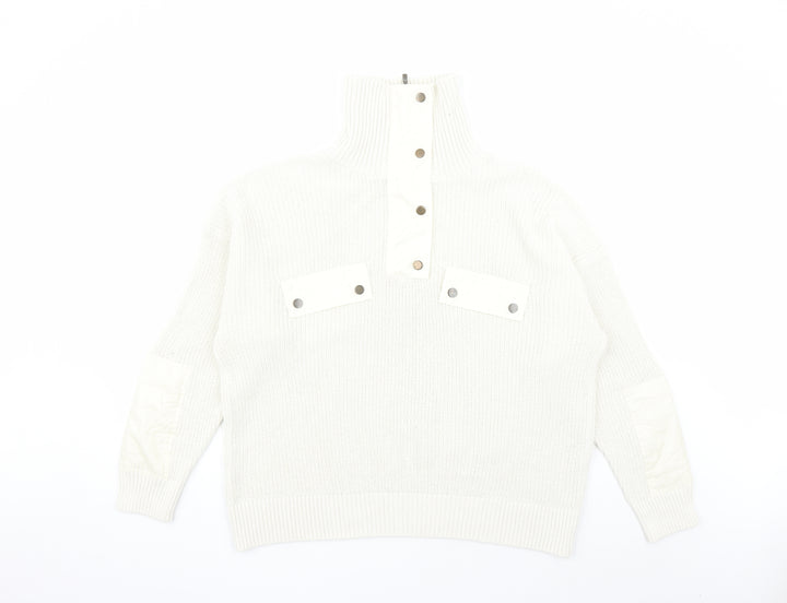 Mango Mens Beige High Neck Acrylic Henley Jumper Size XL Long Sleeve - Elbow Patches
