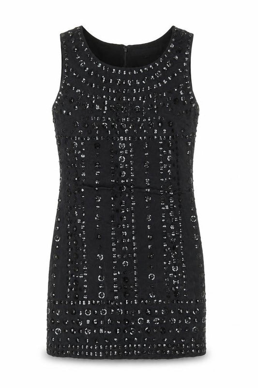 Front view of French Connection women’s black viscose a-line, size UK 6, round neck zip - sequin detail