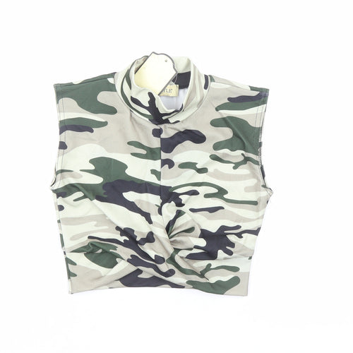 Instyle Womens Green Camouflage Polyester Cropped Blouse Size 8 Mock Neck