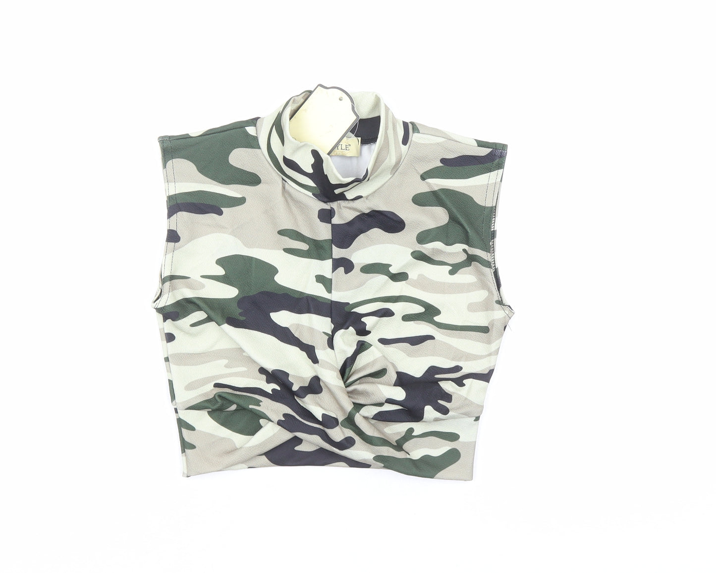Instyle Womens Green Camouflage Polyester Cropped Blouse Size 8 Mock Neck